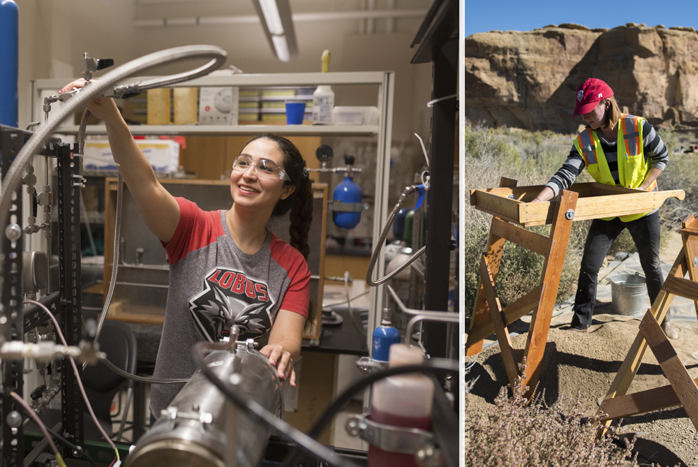 two images side by side, a female student wearing a lobos t-shirt in a mechanical lab setting, a female student wearing a safety vest outside working with a wood framework